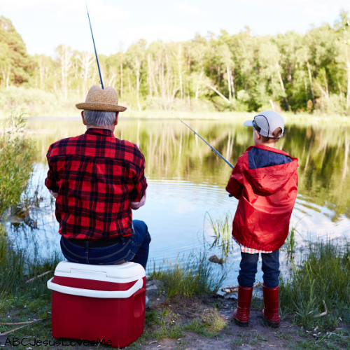 Grandpa and grandson fishing.