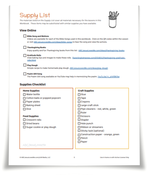 Thanksgiving Activity Workbook Supply List